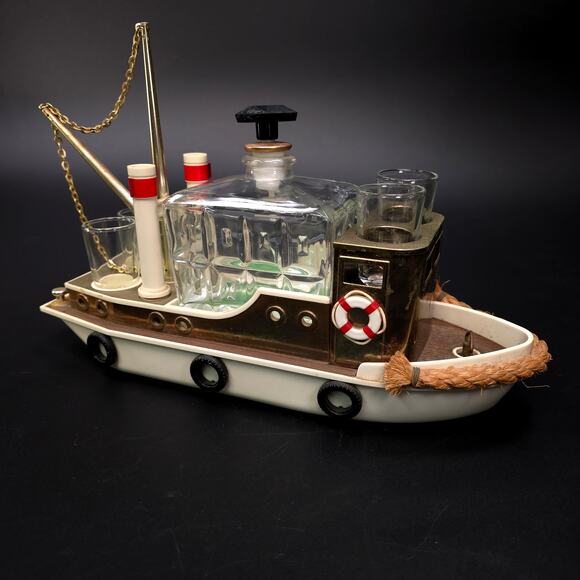 Vintage Music Box Tugboat Decanter w/ 4 Shot Glasses Maritime Home Decor - Picture 1 of 11